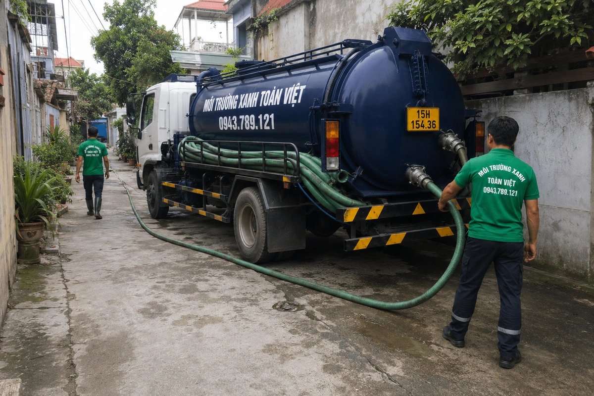 Hút Bể Phốt Hải Phòng | Môi Trường Xanh Toàn Việt 8 Nhân viên môi trường bên phương tiện hút hầm cầu chuyên dụng