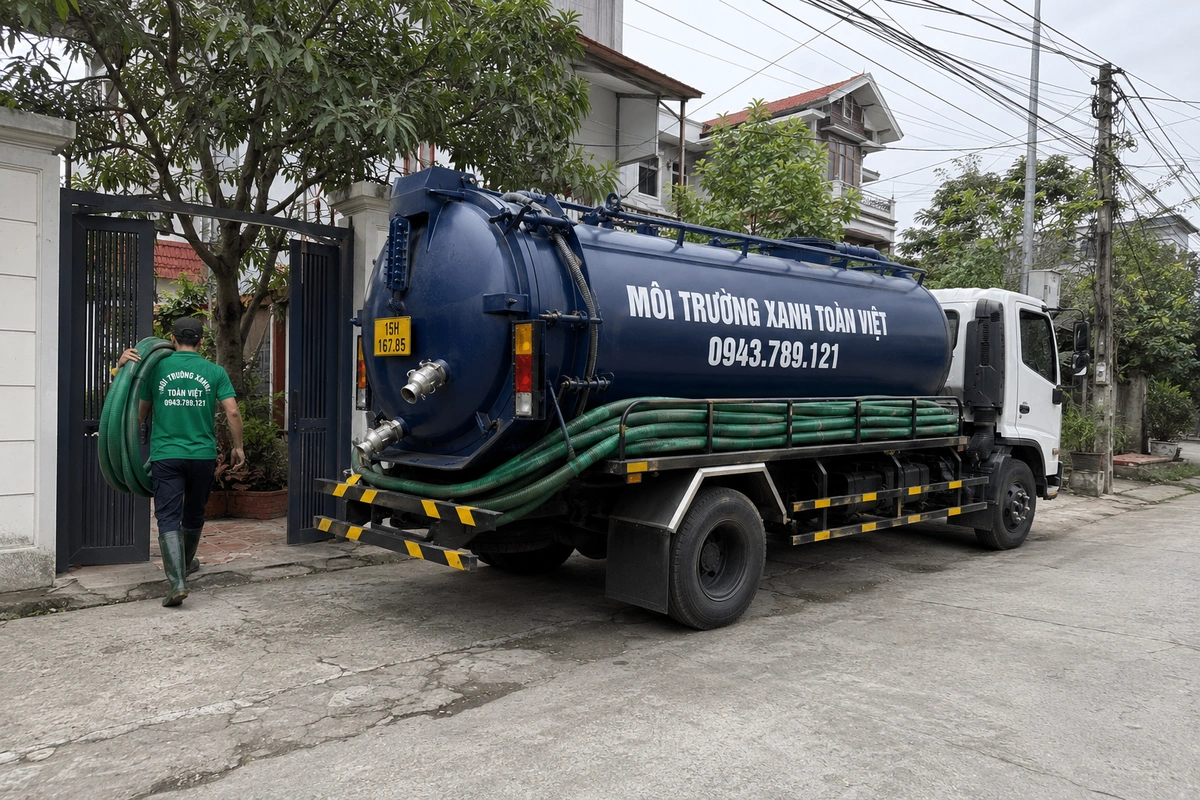 Hút Bể Phốt Hải Phòng | Môi Trường Xanh Toàn Việt 9 Xe hút hầm cầu đậu gần cổng nhà trong khu dân cư