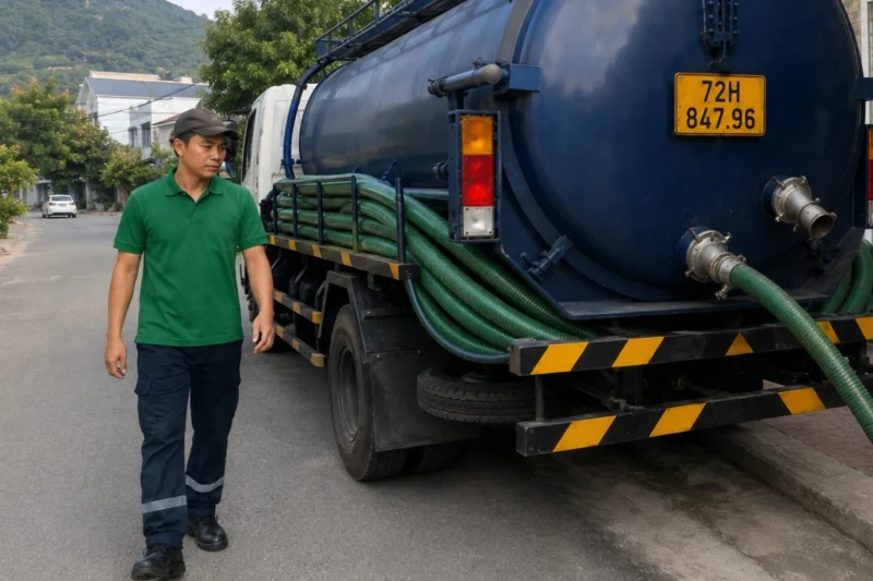 Nhân viên đứng bên đuôi xe bồn với ống hút đã nối