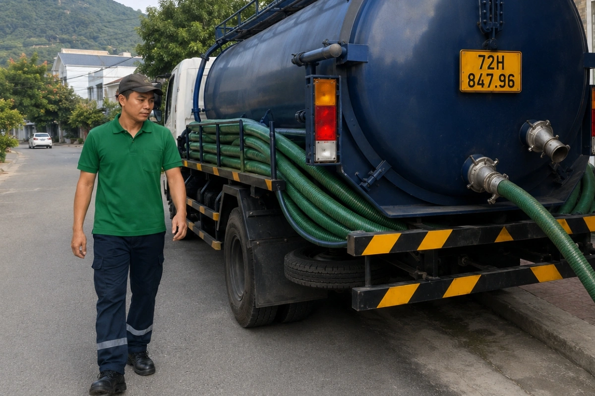 Hút Hầm Cầu Bà Rịa Có Xe Trực 24/7, Đo Khối Báo Giá Trước 8 Xe hút hầm cầu và nhân viên đang chuẩn bị thi công