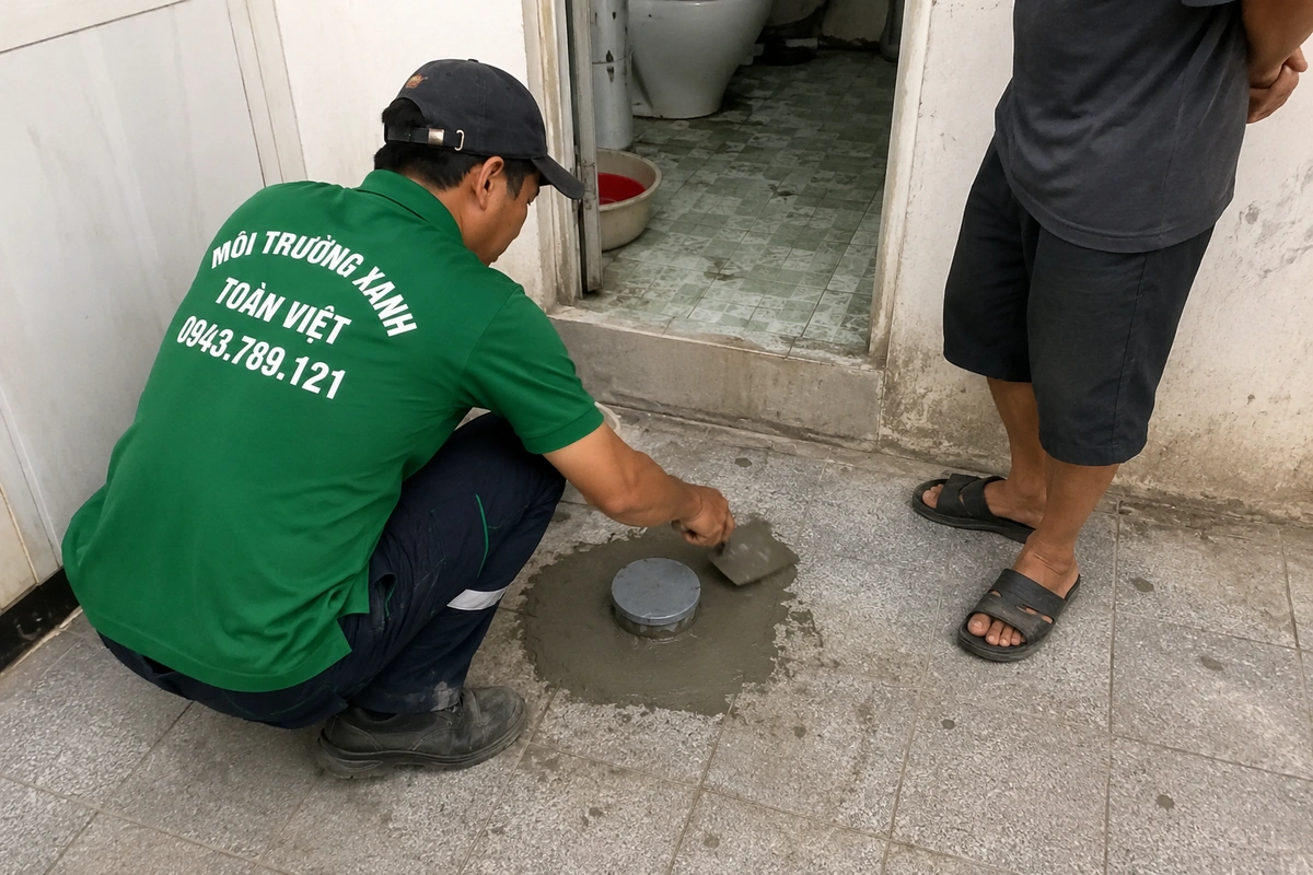 Nhân viên trát lại vữa quanh nắp hầm để hoàn trả mặt bằng sau khi hút
