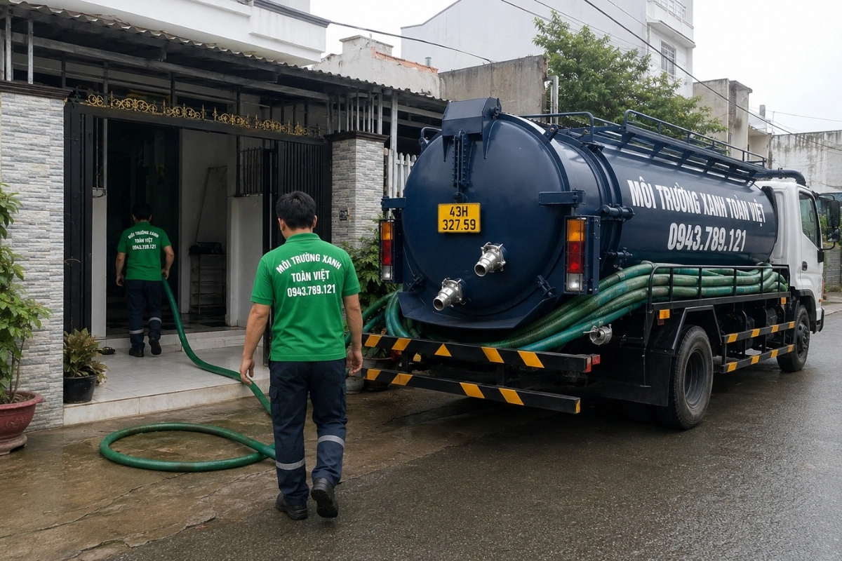 Nhân viên kéo ống hút từ xe bồn vào nhà khách hàng tại Đà Nẵng
