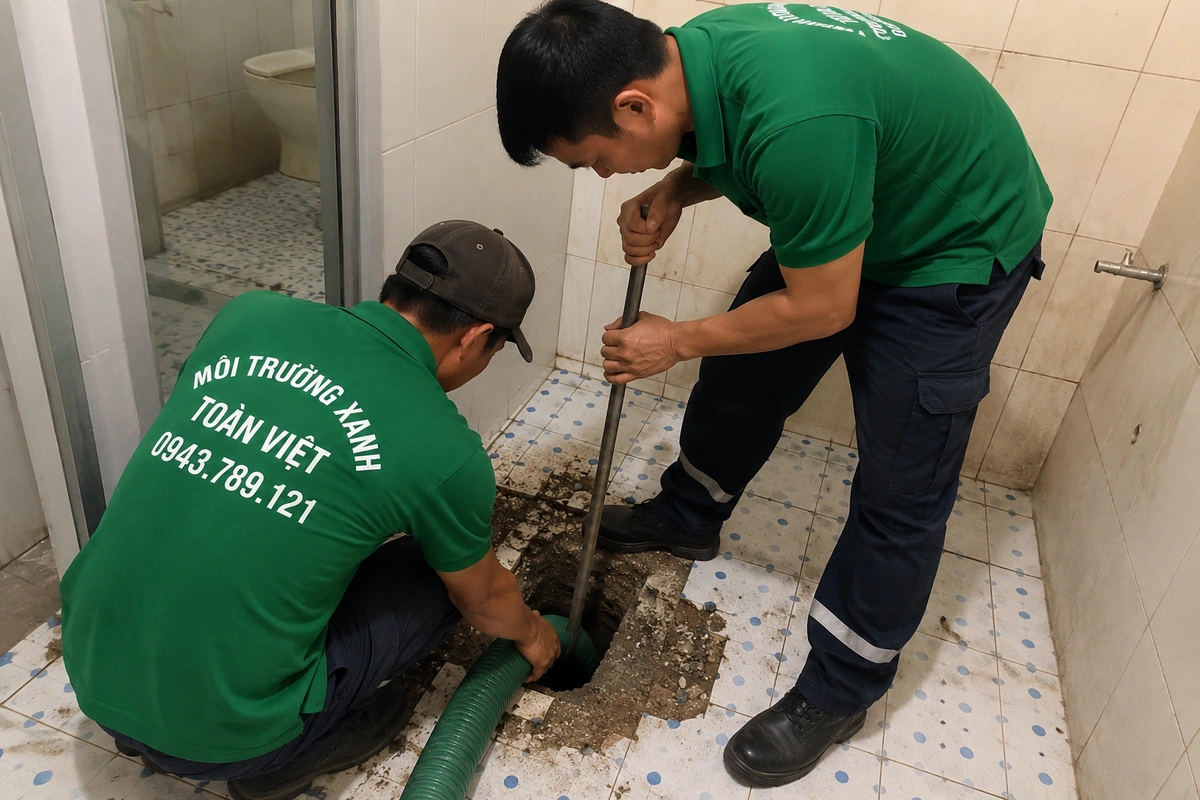 Hai nhân viên mở miệng hầm trong nhà vệ sinh và đưa ống hút xuống