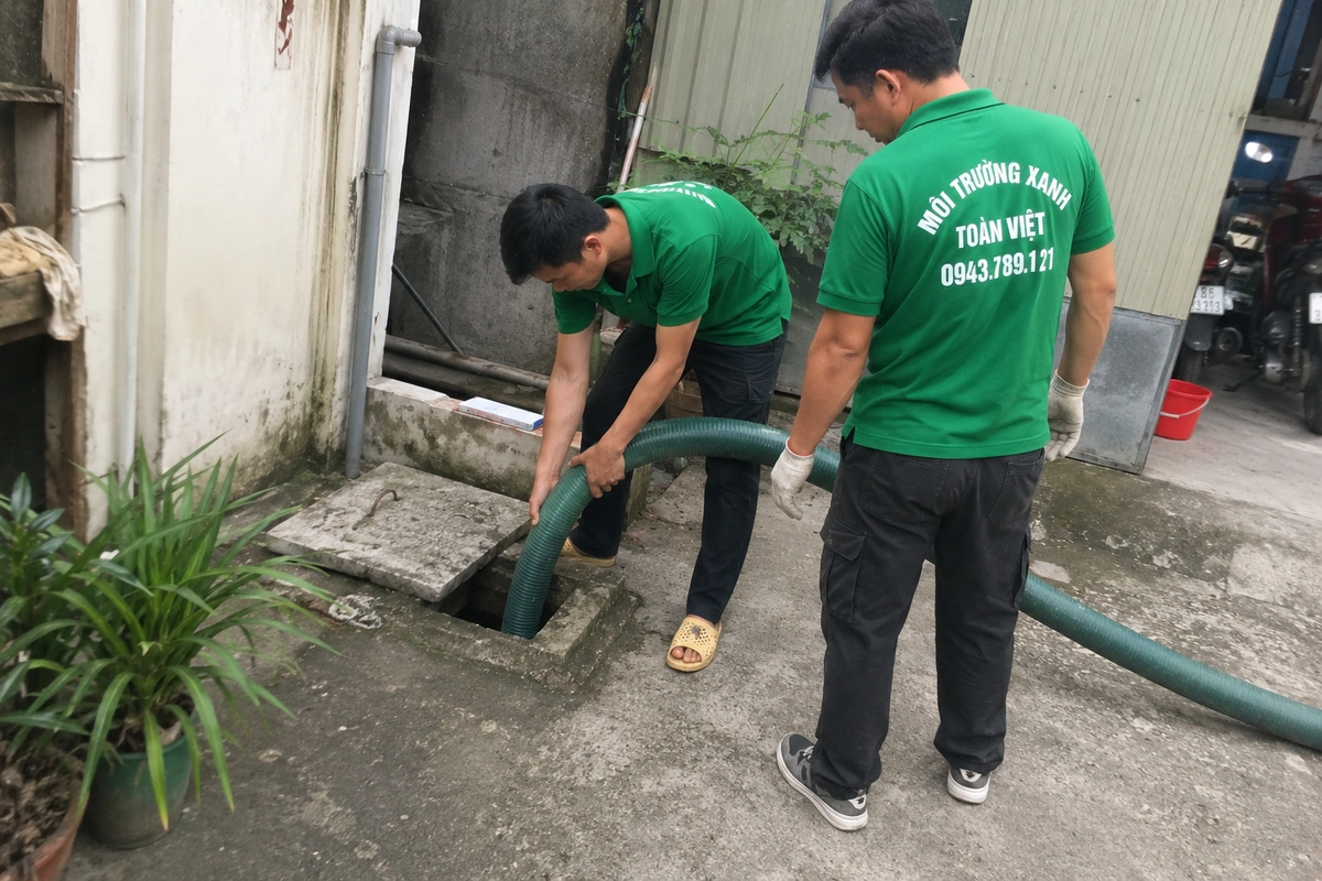 Hai nhân viên mở nắp hầm ngoài sân để kiểm tra mức bùn trước khi hút