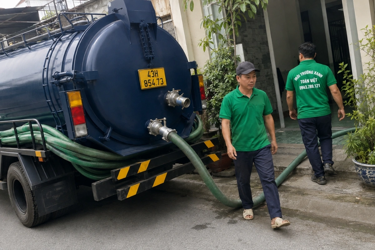 Xe bồn hút hầm cầu và nhân viên chuẩn bị ống trước khi thi công tại Đà Nẵng