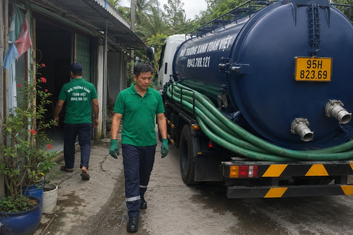 Nhân viên Môi Trường Xanh Toàn Việt đến hút hầm cầu tận nơi