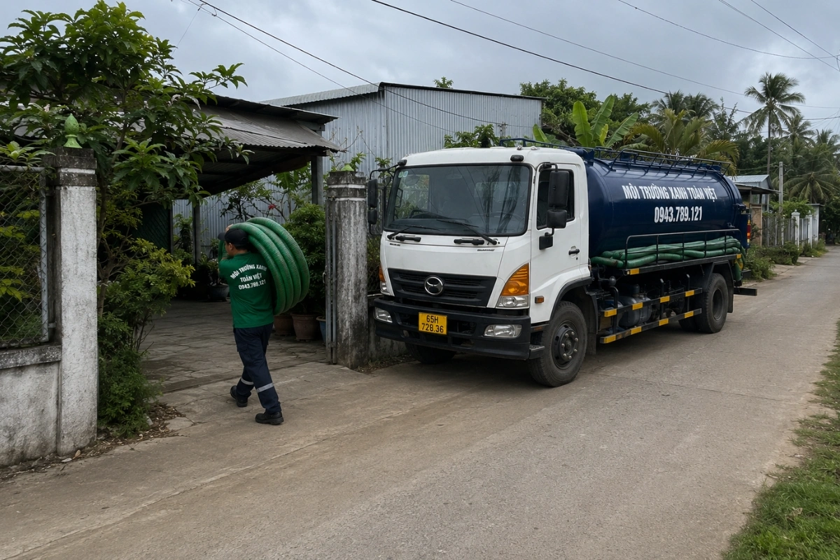 Đội xe hút hầm cầu phục vụ khách hàng tận nhà