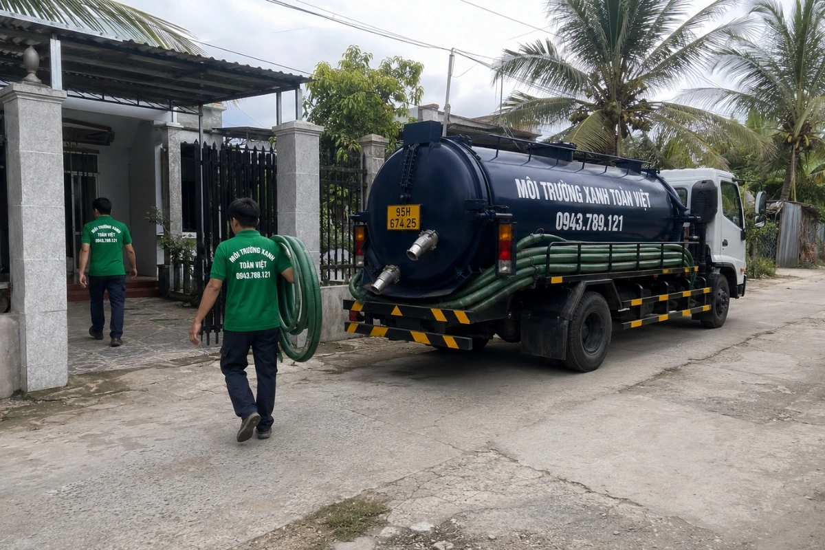 Xe bồn hút hầm cầu đậu trước nhà khách hàng