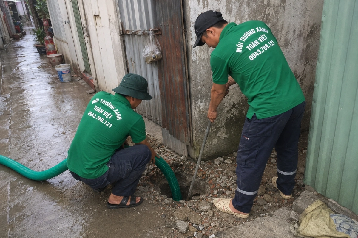 Nhân viên môi trường đang đưa ống hút vào trong nhà
