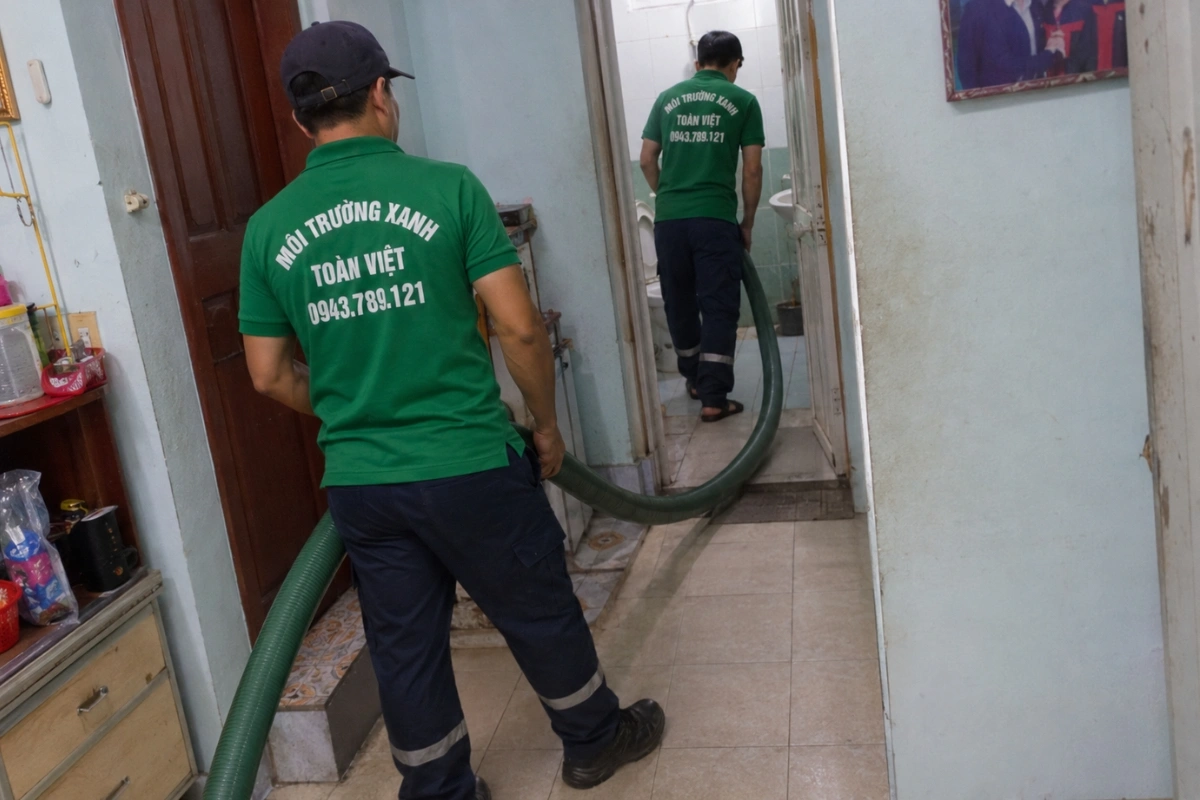 Nhân viên Môi Trường Xanh Toàn Việt kéo ống hút