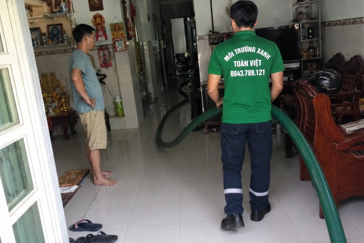 Nhân viên hút hầm cầu đưa ống vào khu vực phía sau nhà