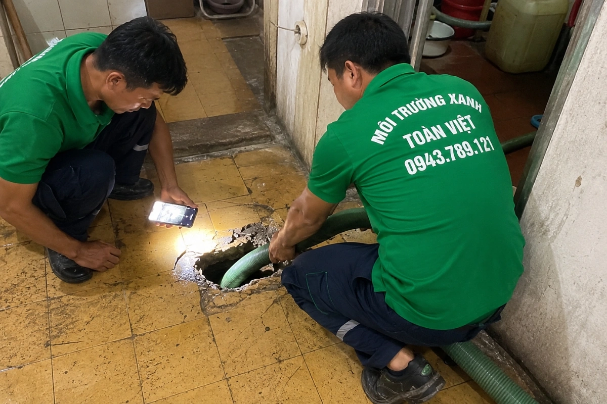 Nhân viên kéo ống hút hầm cầu màu xanh vào nhà