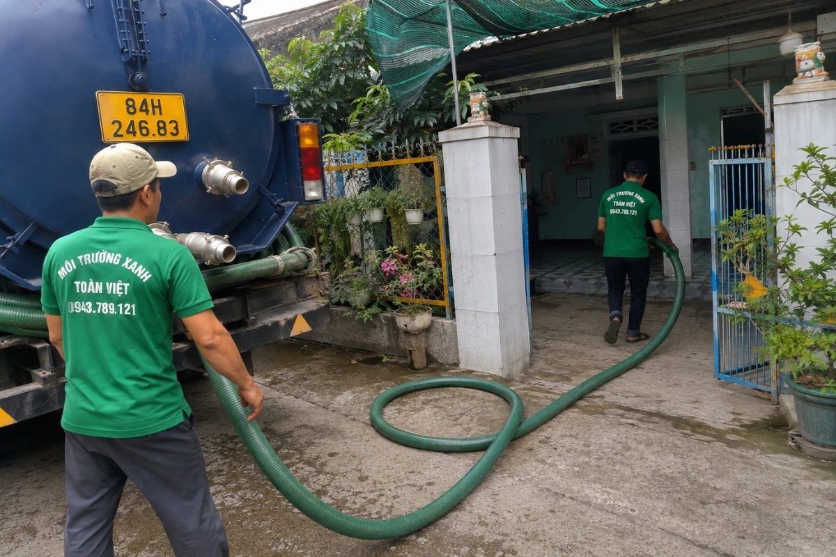 Xe hút hầm cầu và nhân viên đang chuẩn bị thi công
