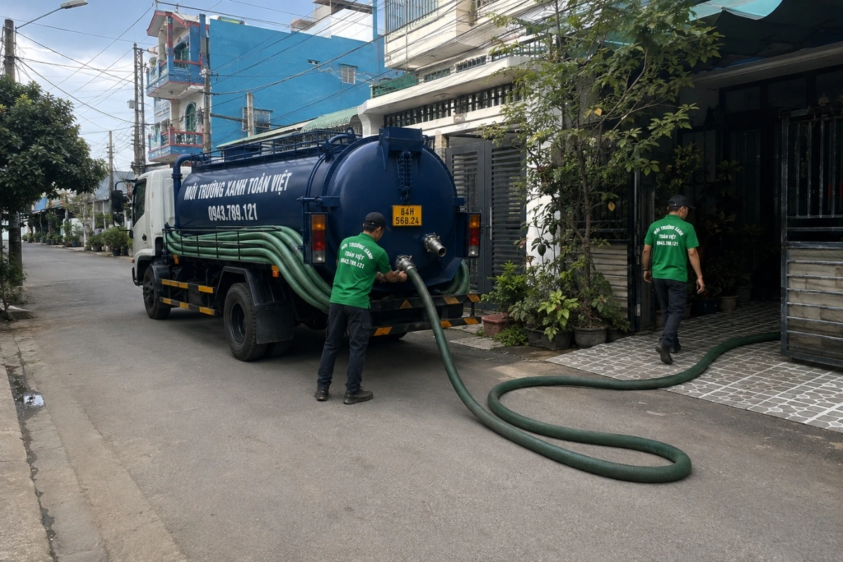 Đội xe hút hầm cầu phục vụ khách hàng tận nhà