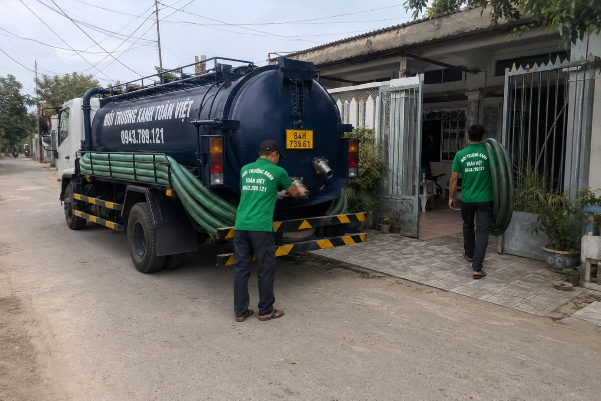 Hút Hầm Cầu Tiểu Cần 2026 — 3 Loại Nhà & Bảng Giá M³ 12 Nhân viên triển khai dịch vụ hút hầm cầu tại nhà dân
