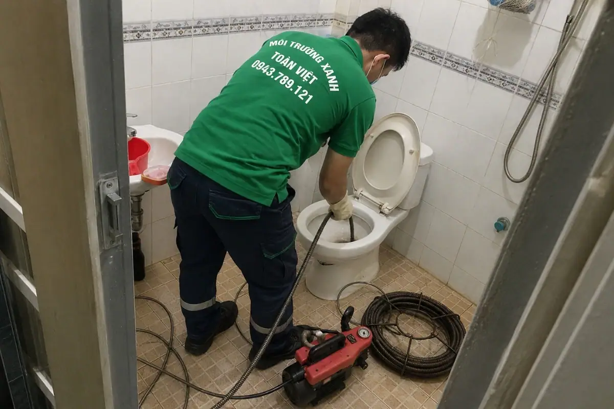 Nhân viên kỹ thuật đang thông bồn cầu nghẹt bằng máy chuyên dụng.