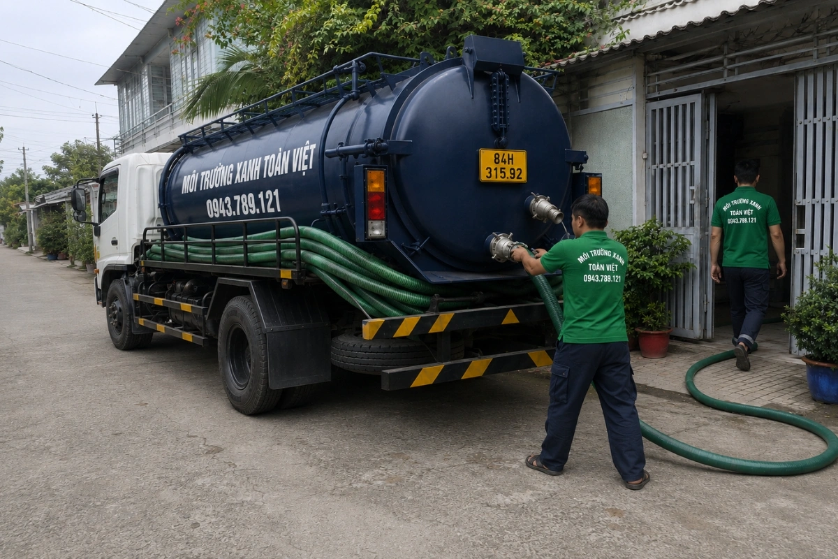 Nhân viên và xe hút hầm cầu chuyên dụng trước nhà khách hàng