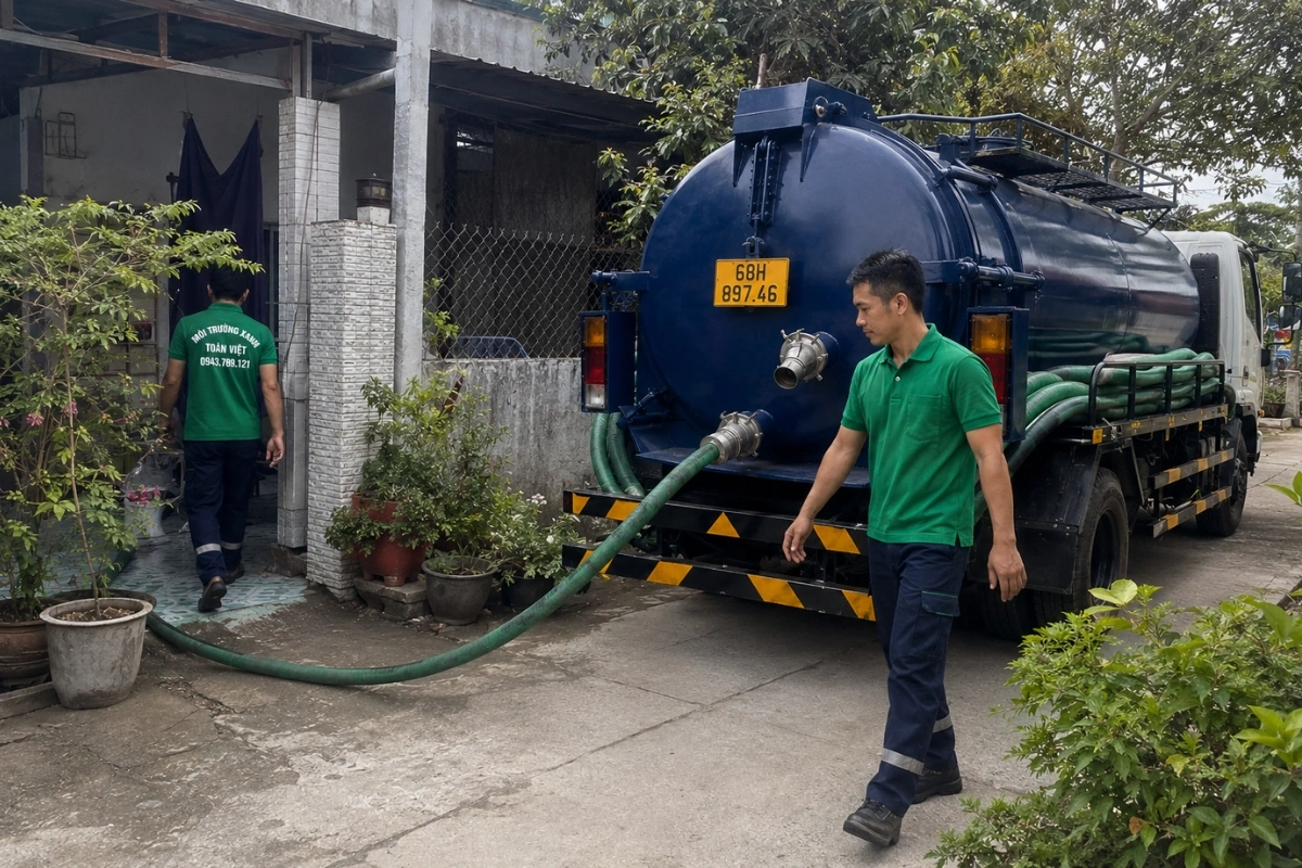 Hai nhân viên hút hầm cầu đang đến nhà khách hàng