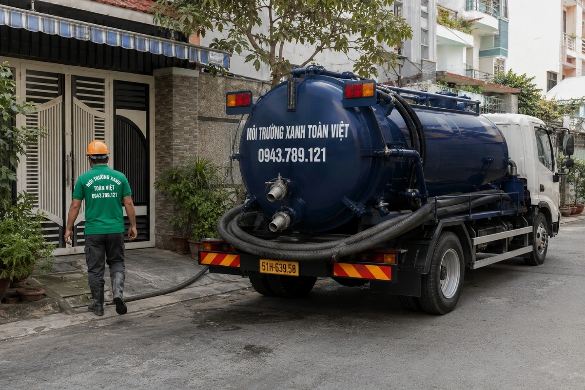 Xe hút hầm cầu Môi Trường Xanh Toàn Việt phục vụ tại nhà dân