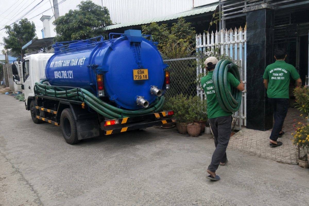 Xe hút hầm cầu và nhân viên đang chuẩn bị thi công