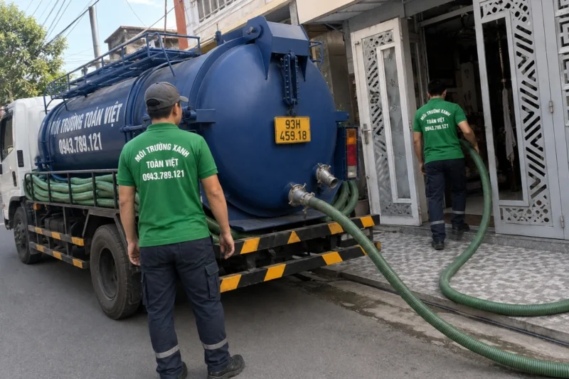 Xe bồn đỗ trước cửa nh&agrave;, nh&acirc;n vi&ecirc;n bố tr&iacute; ống h&uacute;t.