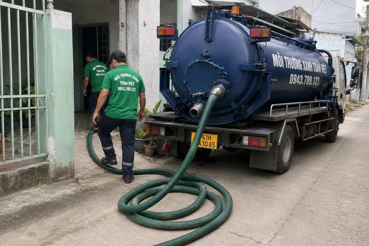 Nhân viên và xe hút hầm cầu chuyên dụng trước nhà khách hàng