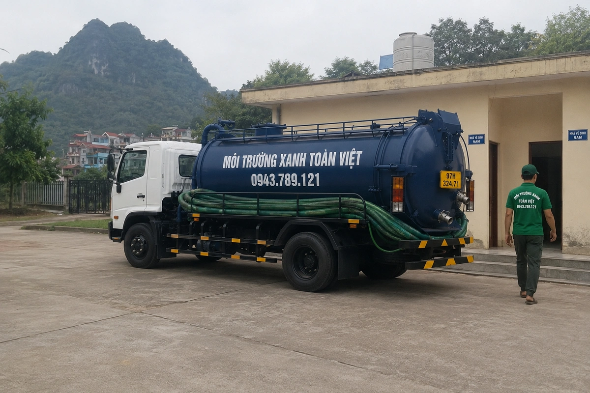Hút Bể Phốt Tại Bắc Kạn, Khảo Sát Đường Vào Trước 7 Hình ảnh xe bồn và đội ngũ hút hầm cầu tại nhà dân