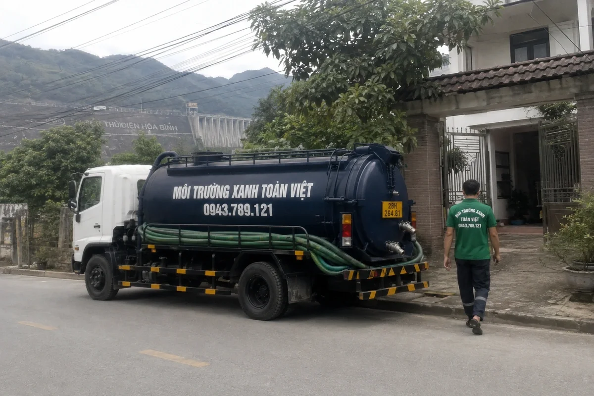 Hút Bể Phốt Tỉnh Hòa Bình Cũ | Khảo Sát, Báo Khối 8 Nhân viên hút hầm cầu đứng cạnh xe bồn màu xanh