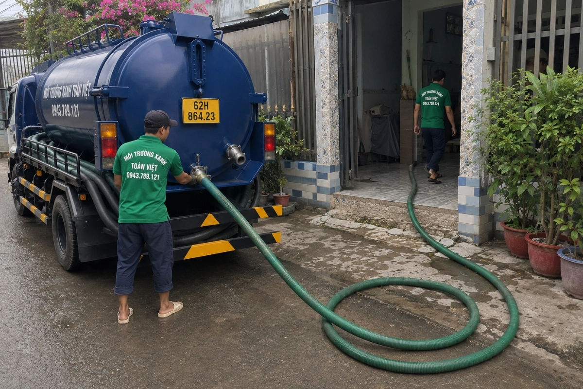 Hút Hầm Cầu Tân An 24/7, Xe Hút Vào Tận Hẻm Nhà Phố 7 Nhân viên kéo ống hút hầm cầu vào nhà dân để thi công
