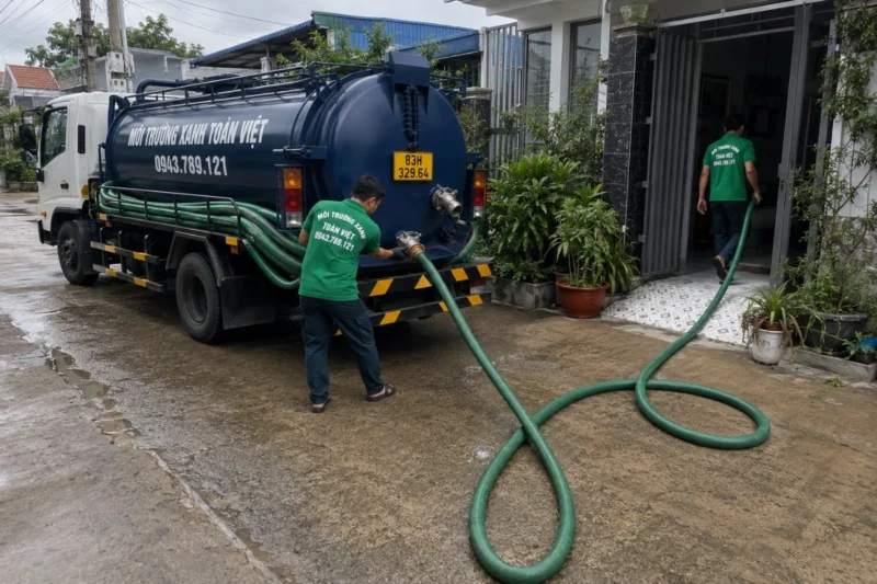 Xe hút chất thải chuyên dụng đậu bên đường dân cư