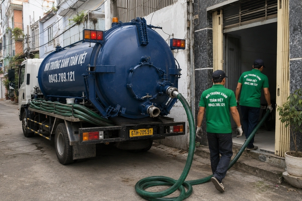 Hút Hầm Cầu Dĩ An 24/7 | Nhà Trọ, Hẻm Nhỏ, Nhà Xưởng 7 Xe hút hầm cầu màu xanh cùng đội ngũ kỹ thuật