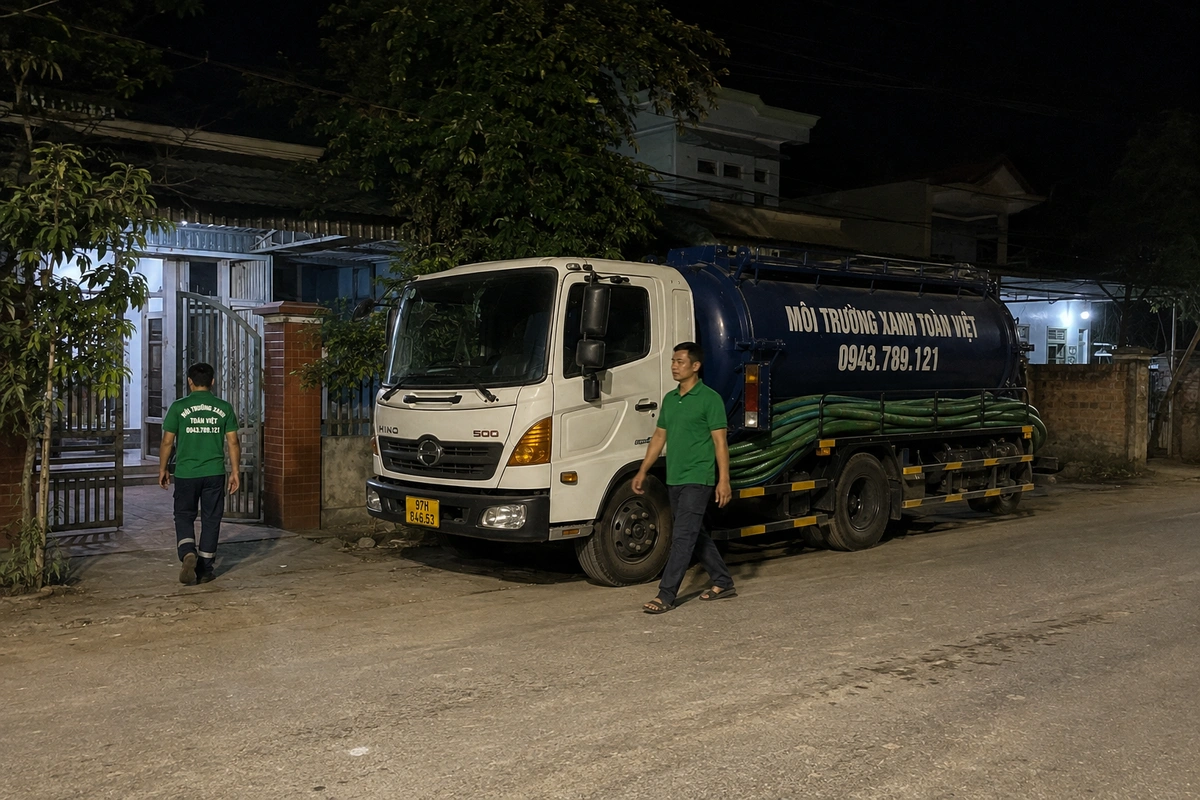Nhân viên môi trường bên phương tiện hút hầm cầu chuyên dụng