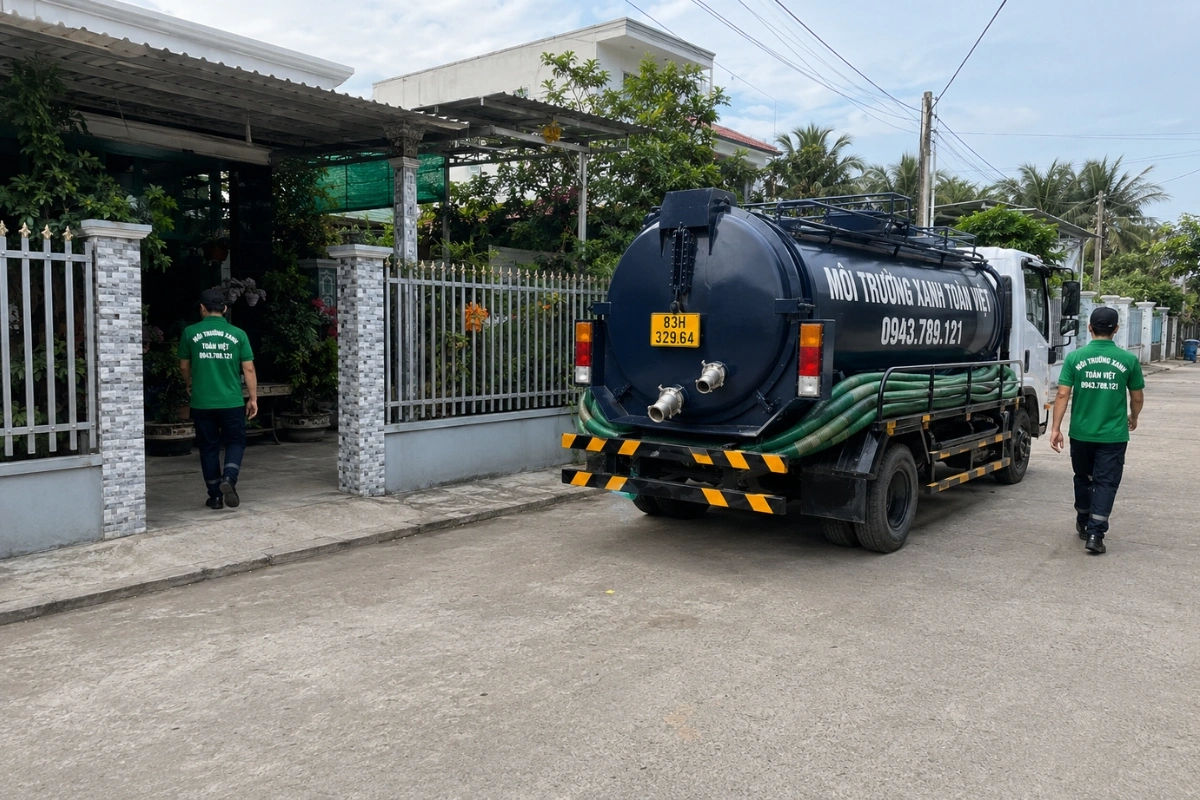 Hút Hầm Cầu Kế Sách, Giá Theo Khối, Thợ Tới Trong 40 Phút 11 Nhân viên và xe hút hầm cầu chuyên dụng trước nhà khách hàng
