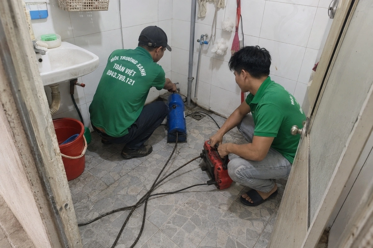Hai kỹ thuật viên đang phối hợp xử lý cống thoát nước.