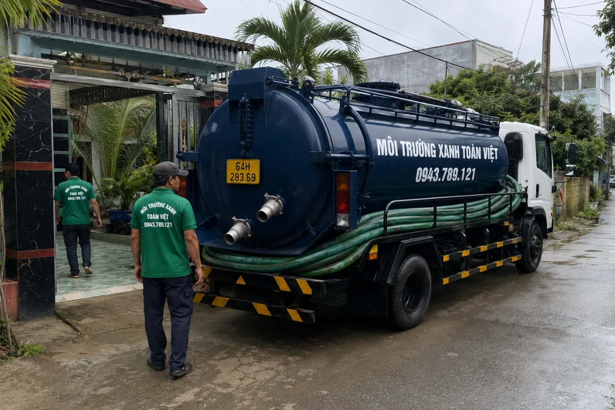 Xe hút hầm cầu Môi Trường Xanh Toàn Việt phục vụ tại nhà dân