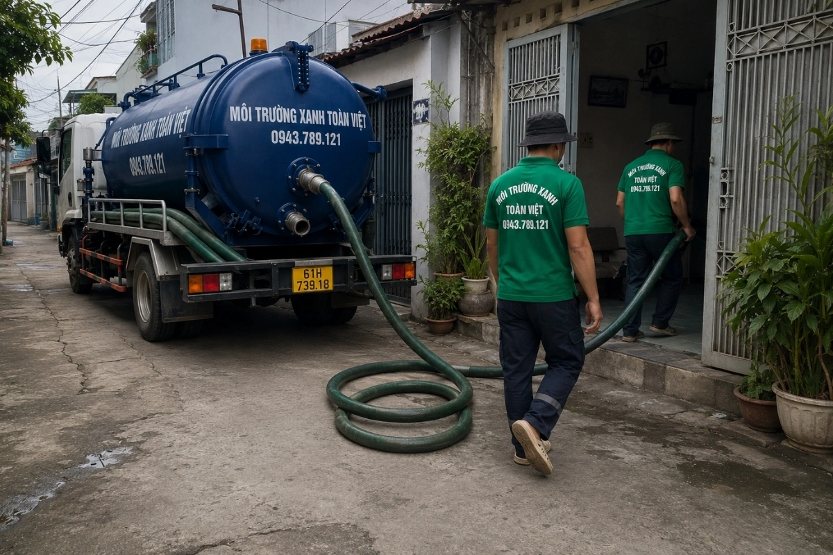 Nhân viên triển khai dịch vụ hút hầm cầu tại nhà dân
