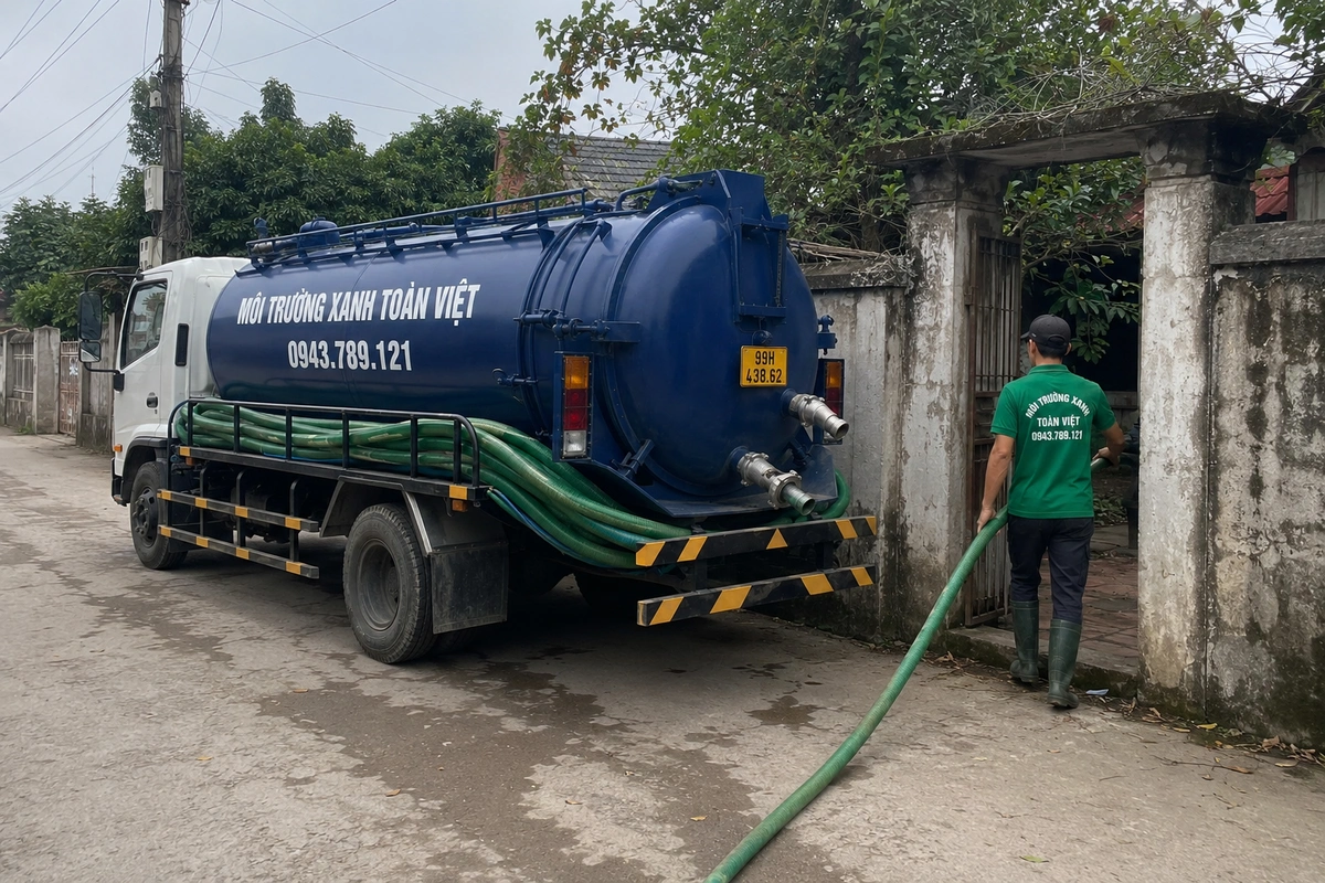 Hút Bể Phốt Tại Quế Võ Bắc Ninh, Thợ 24/7 | Môi Trường Xanh 8 Xe hút hầm cầu chuyên dụng bên cạnh nhà dân