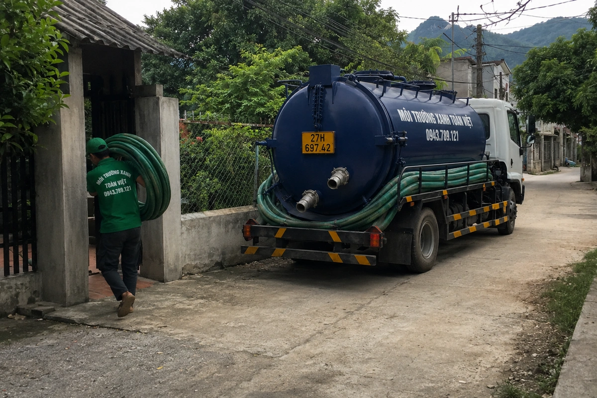 Đội xe hút hầm cầu có mặt trước nhà khách hàng