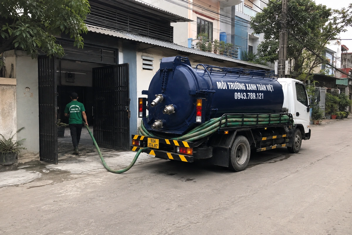 Xe bồn hút hầm cầu phục vụ trên đường khu phố