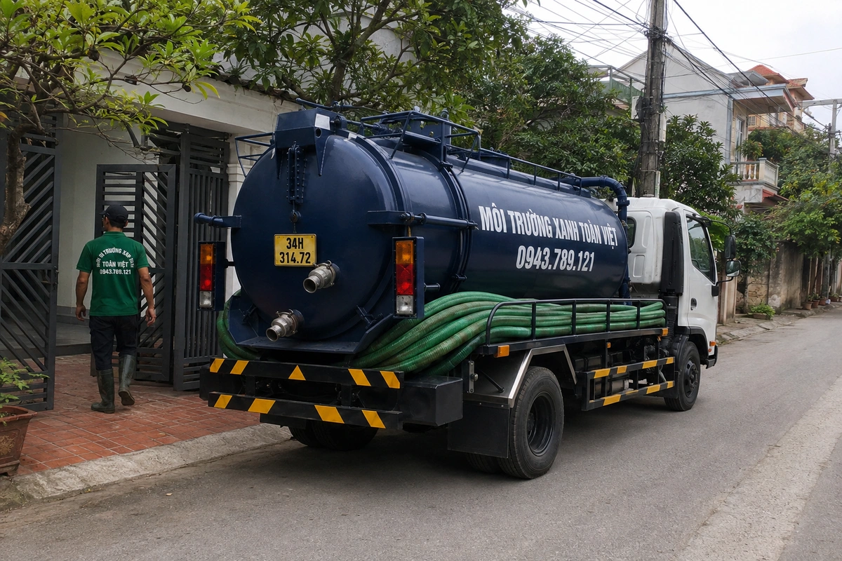Hút Bể Phốt Bình Giang Báo Giá Theo Khối 24/7 | Môi Trường Xanh 8 Nhân viên mặc áo đồng phục tiến vào khu vực nhà dân