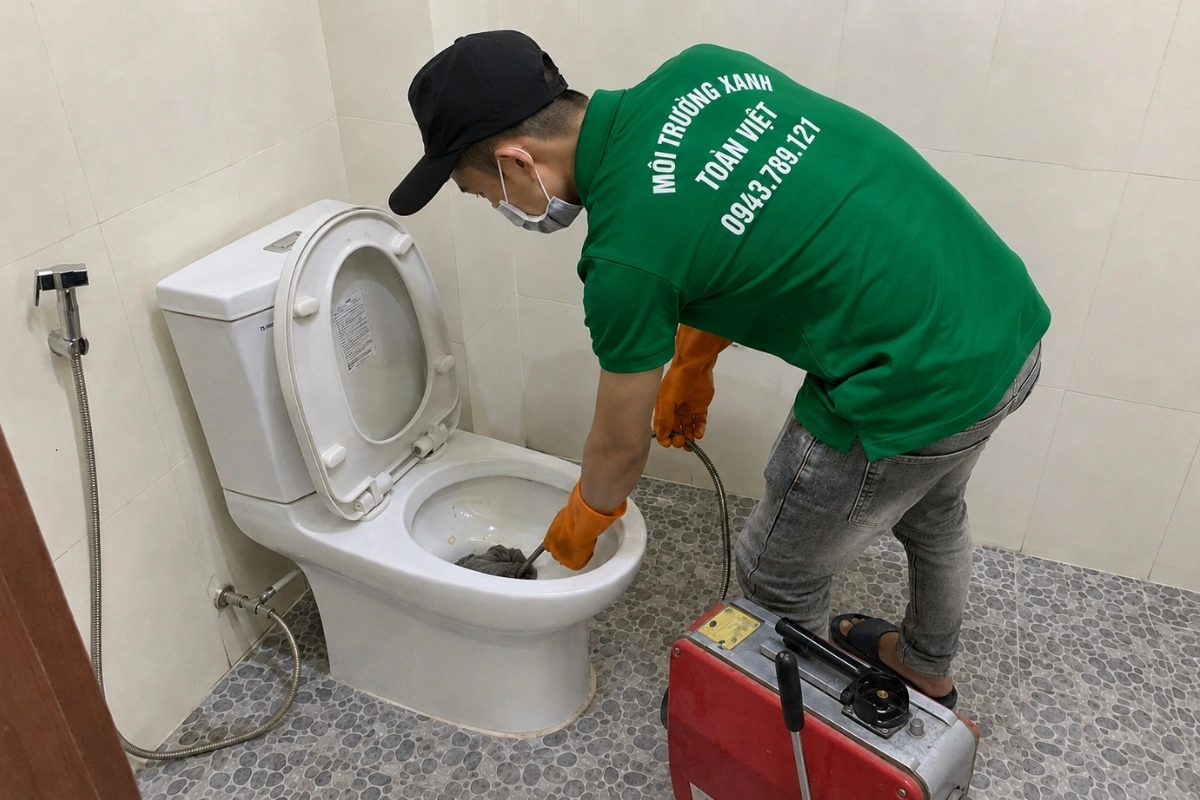 Nhân viên đang xử lý bồn cầu bị tắc trong nhà vệ sinh.