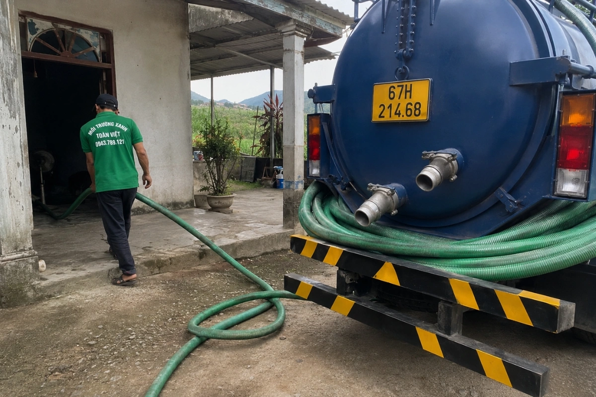 Nhân viên triển khai dịch vụ hút hầm cầu tại nhà dân