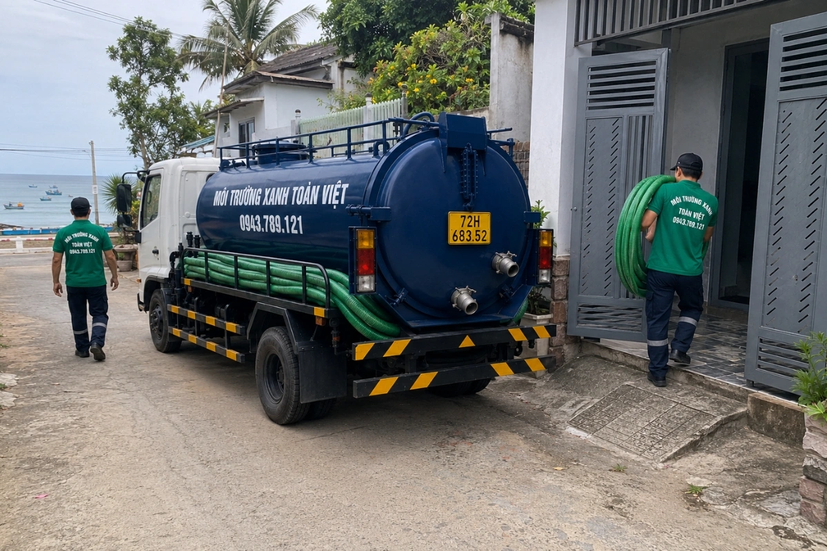 Nhân viên và xe hút hầm cầu chuyên dụng trước nhà khách hàng