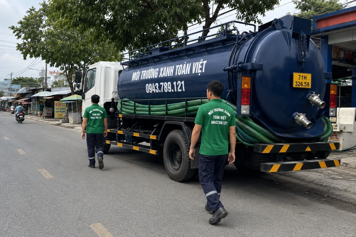 Hút Hầm Cầu Giồng Trôm 24/7 - Xe Nhỏ Vào Tận Hẻm 9 Xe hút hầm cầu và nhân viên đang chuẩn bị thi công