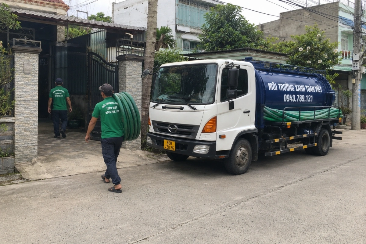 Nhân viên và xe hút hầm cầu chuyên dụng trước nhà khách hàng