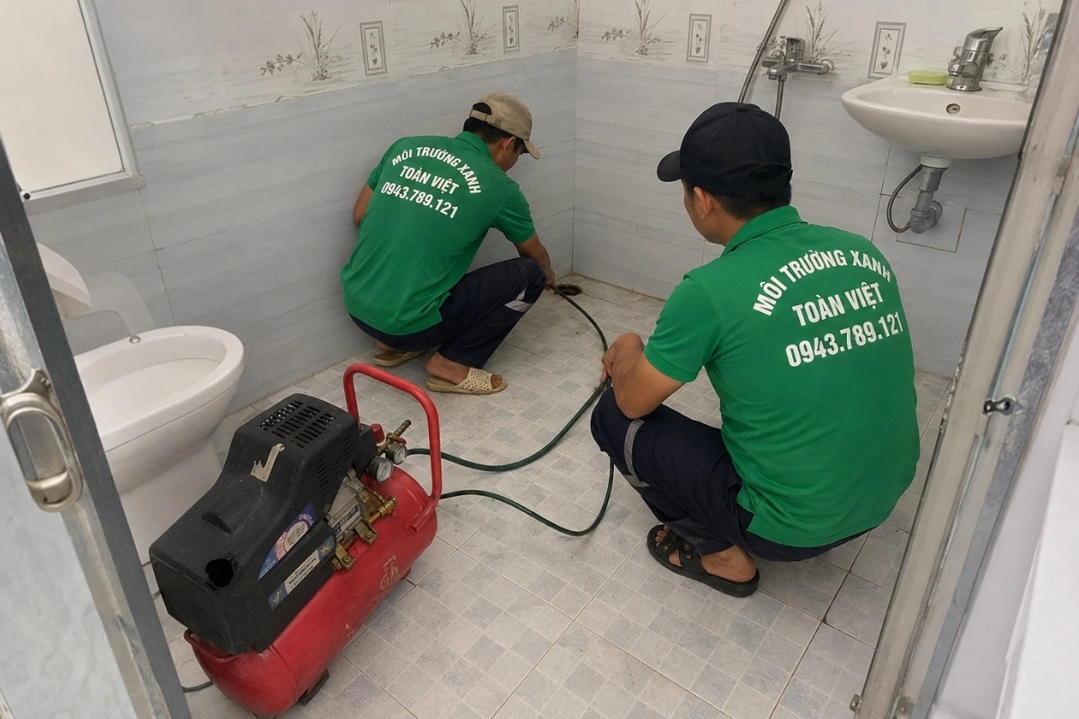 Kỹ thuật viên đang khơi thông đường ống thoát nước.