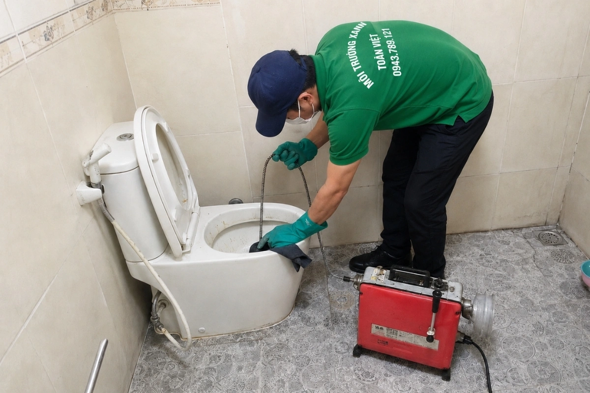 Kỹ thuật viên sử dụng máy để thông đường xả bồn cầu.