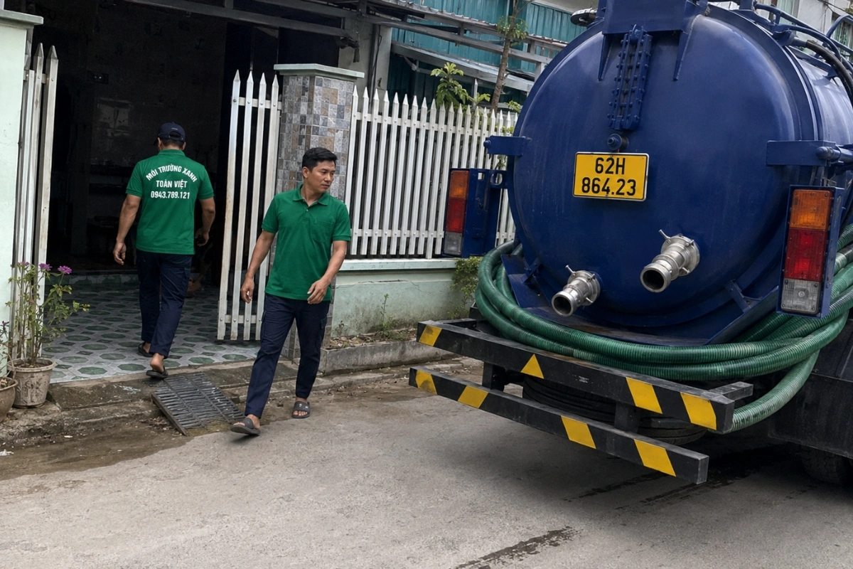 Xe hút hầm cầu màu xanh cùng đội ngũ kỹ thuật