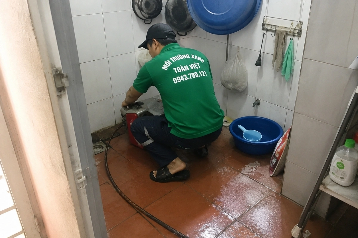 Hai nhân viên đang vận hành máy để xử lý hệ thống thoát nước.