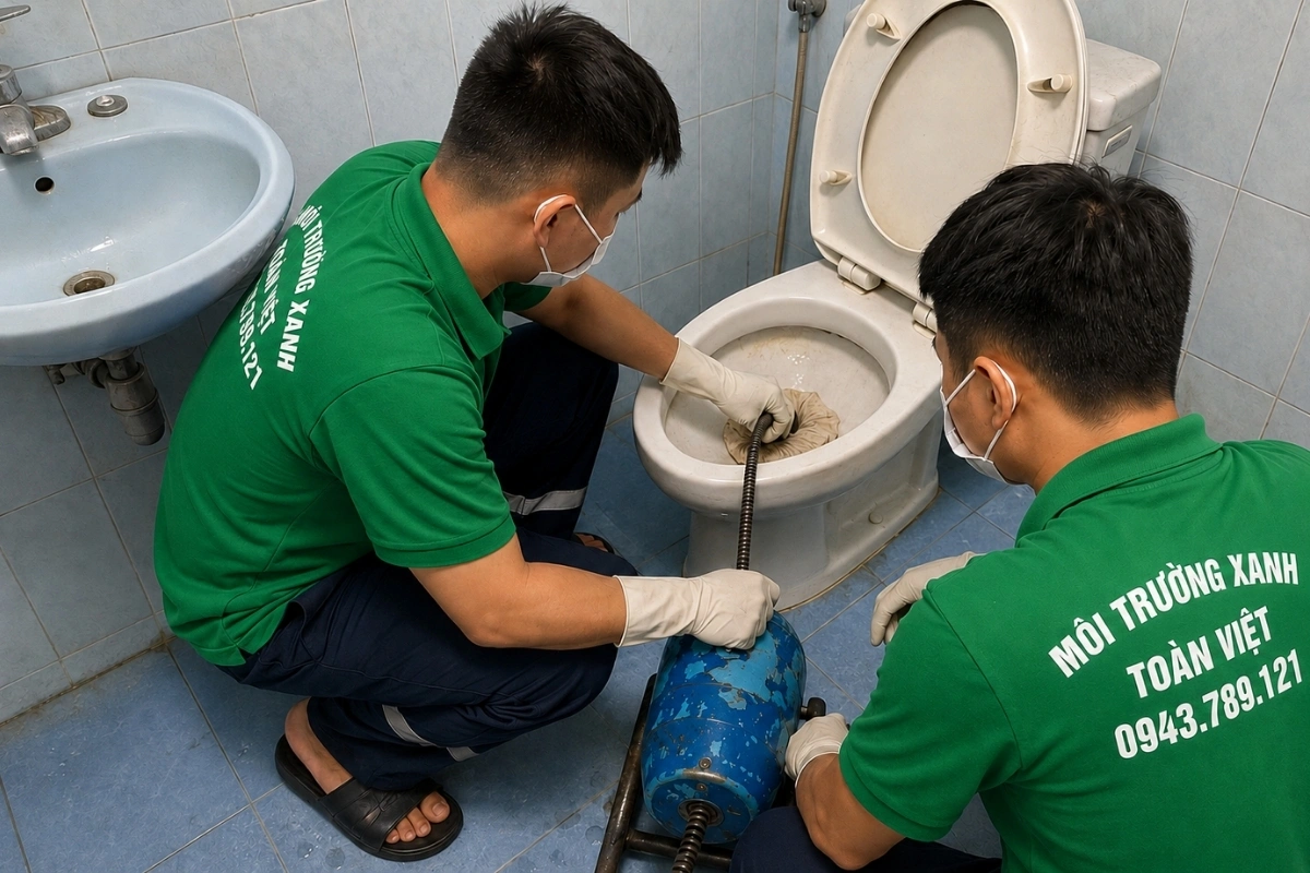 Nhân viên đang kiểm tra và xử lý bồn cầu không thoát nước.